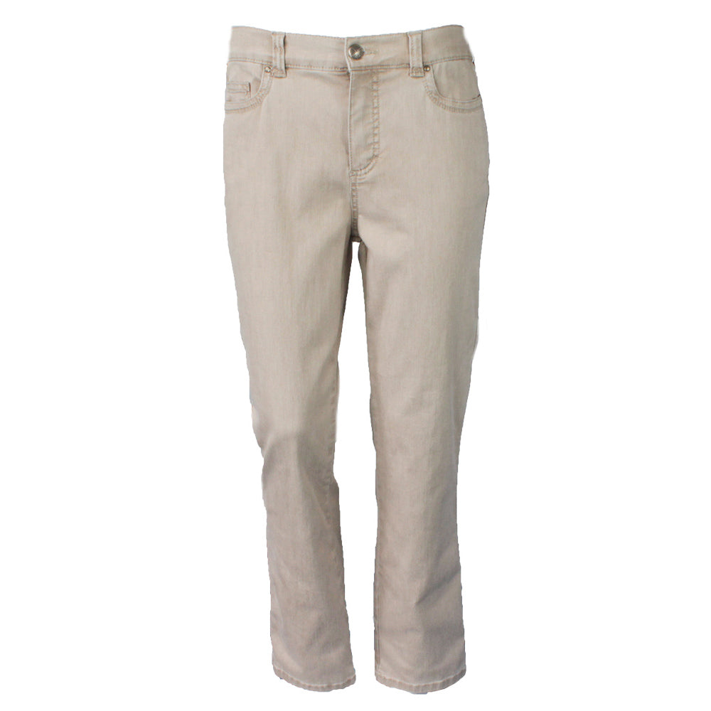 Beige coloured jeans with belt loops, button fastening at the waist band and hop pockets.