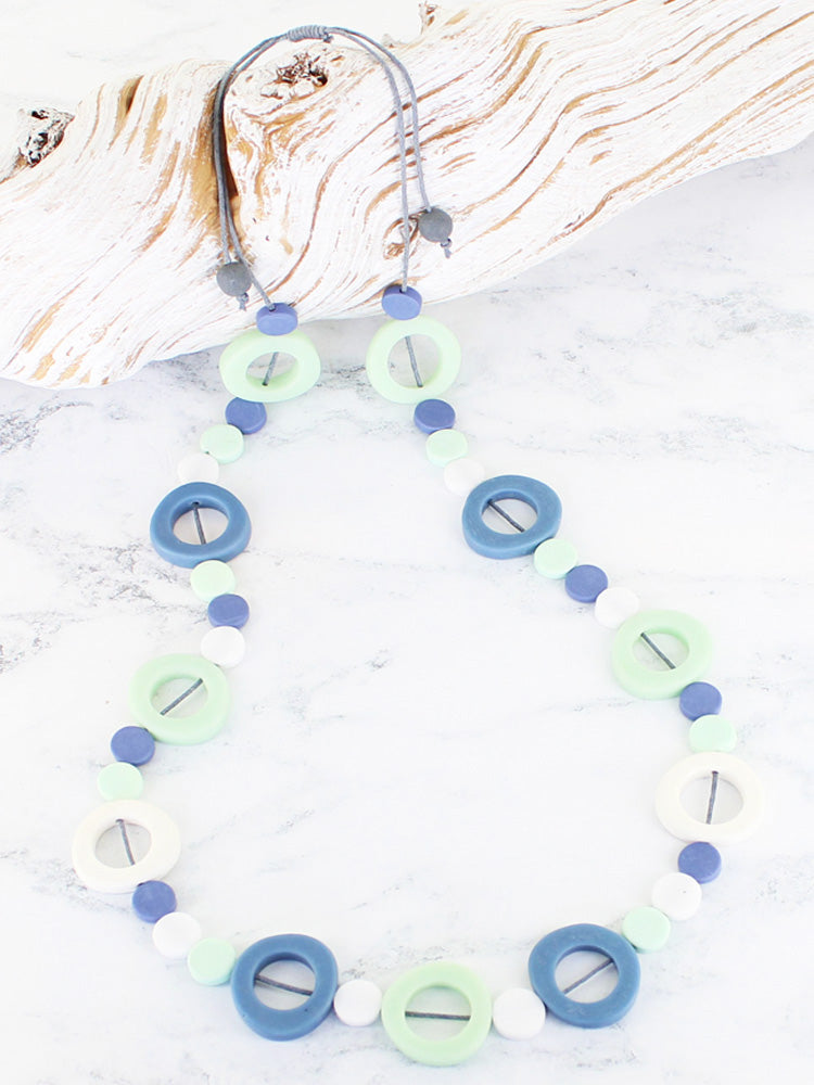 Suzie Blue Long Resin Hoop and Disc Necklace