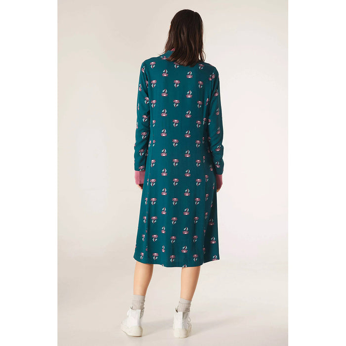 Compania Fantastica front fastening, long sleeved, midi length dress. Teal coloured with flowers pattern. Back view.