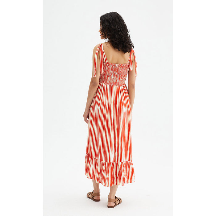 Compania Fantastic orange and white striped dress. Midi length with slim shoulder straps. Shirring section around the chest region. Back view.