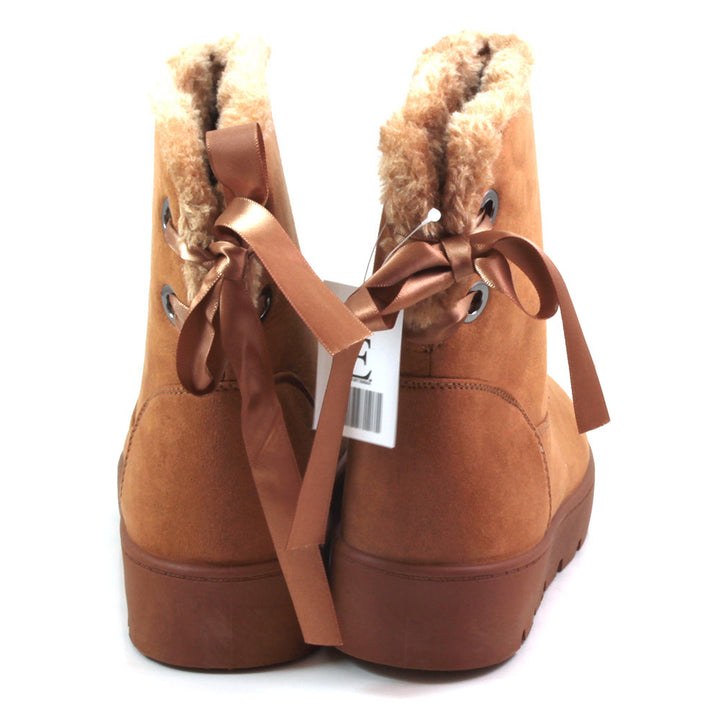 Emma Champery tan soft suede ankle boots with fur lining - Back view showing ribbon tie ankle fitting adjustment