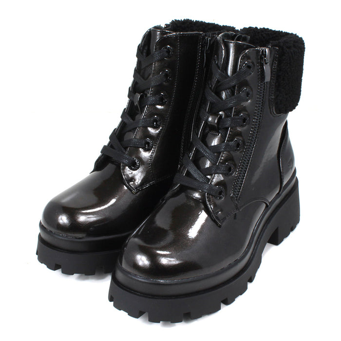 Heavenly Feet pewter coloured combat boots with laced fronts and zip fitting. Furry collar around the ankles. Angled view.