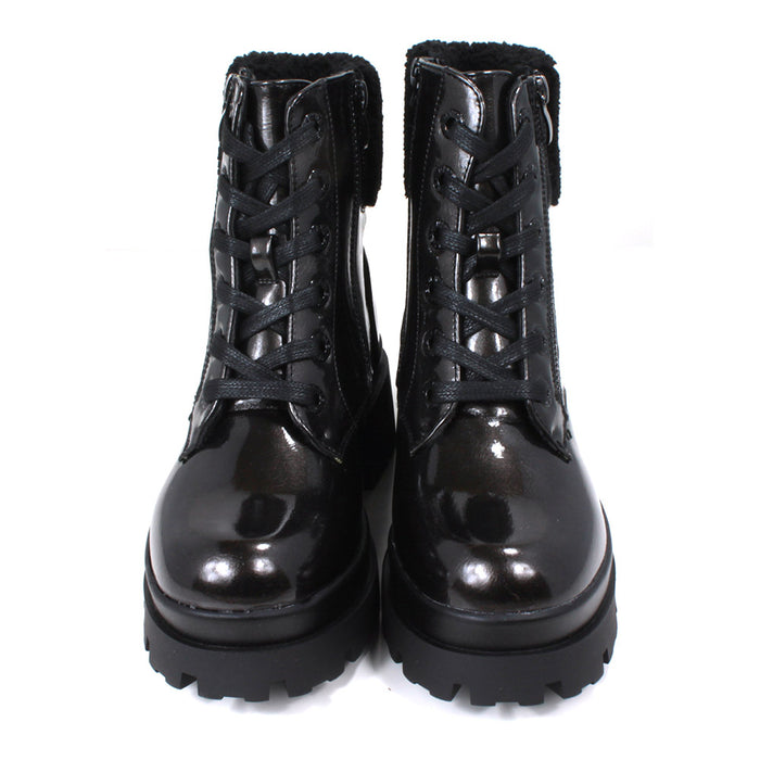 Heavenly Feet pewter coloured combat boots with laced fronts and zip fitting. Furry collar around the ankles. Front view.