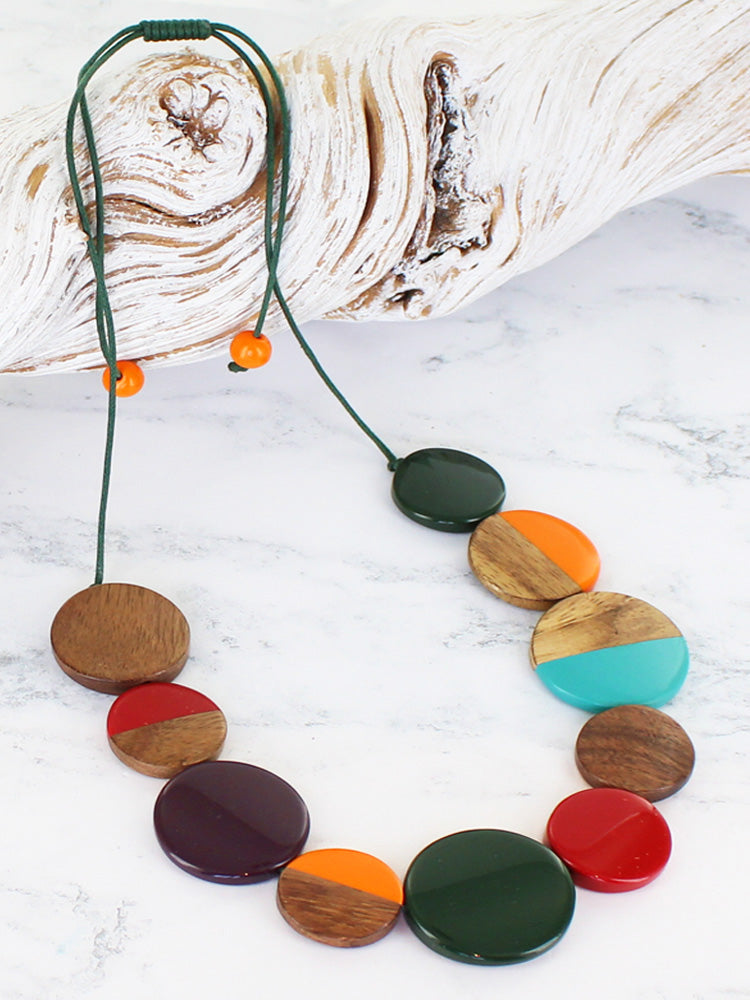 Suzie Blue Resin and Wood Necklace in Forest Colours