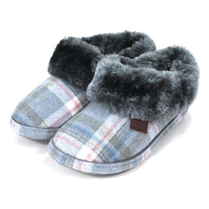 Jo and Joe slate grey tartan slippers with generous furry ankle cuffs. Angled view.