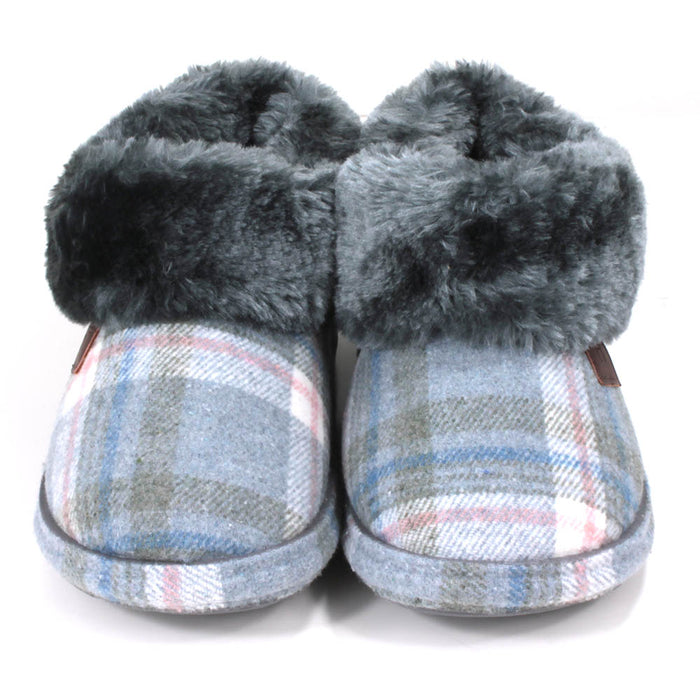 Jo and Joe slate grey tartan slippers with generous furry ankle cuffs. Front view.