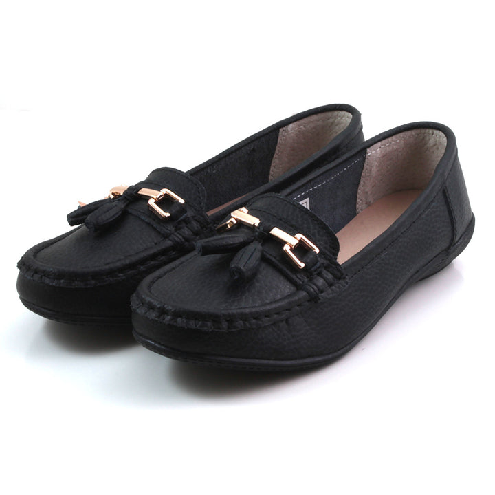 Jo and Joe Nautical black moccasin style leather flat shoes. Black stitching and black leather tassels. Angled view