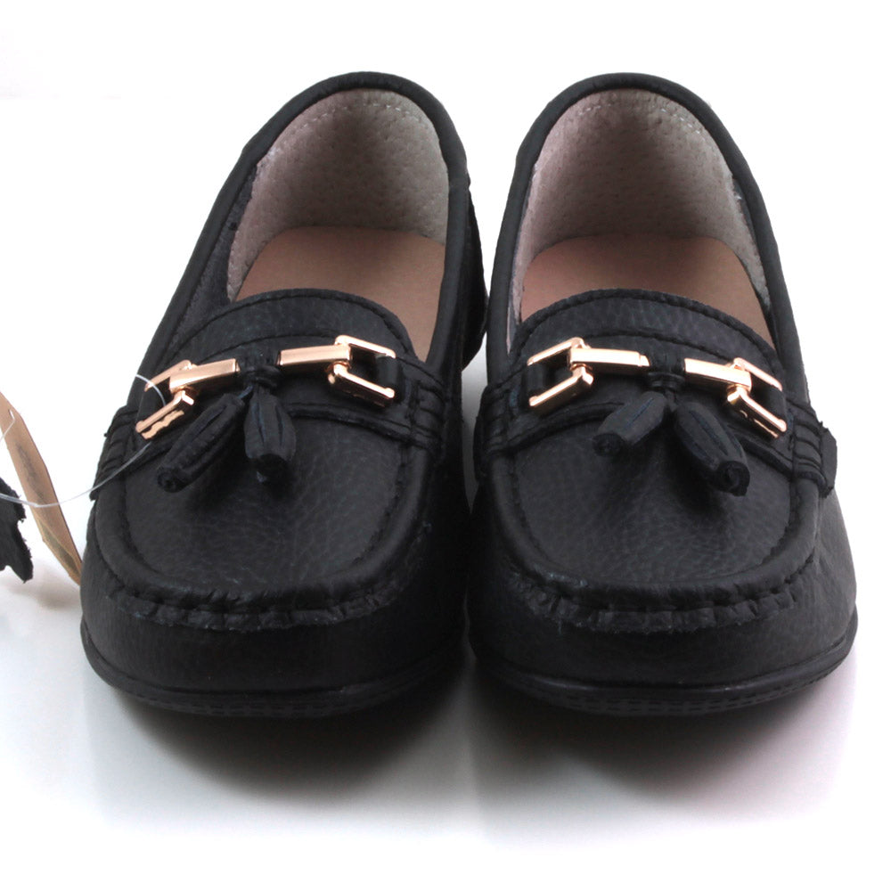Jo and Joe Nautical black moccasin style leather flat shoes. Black stitching and black leather tassels. Front view