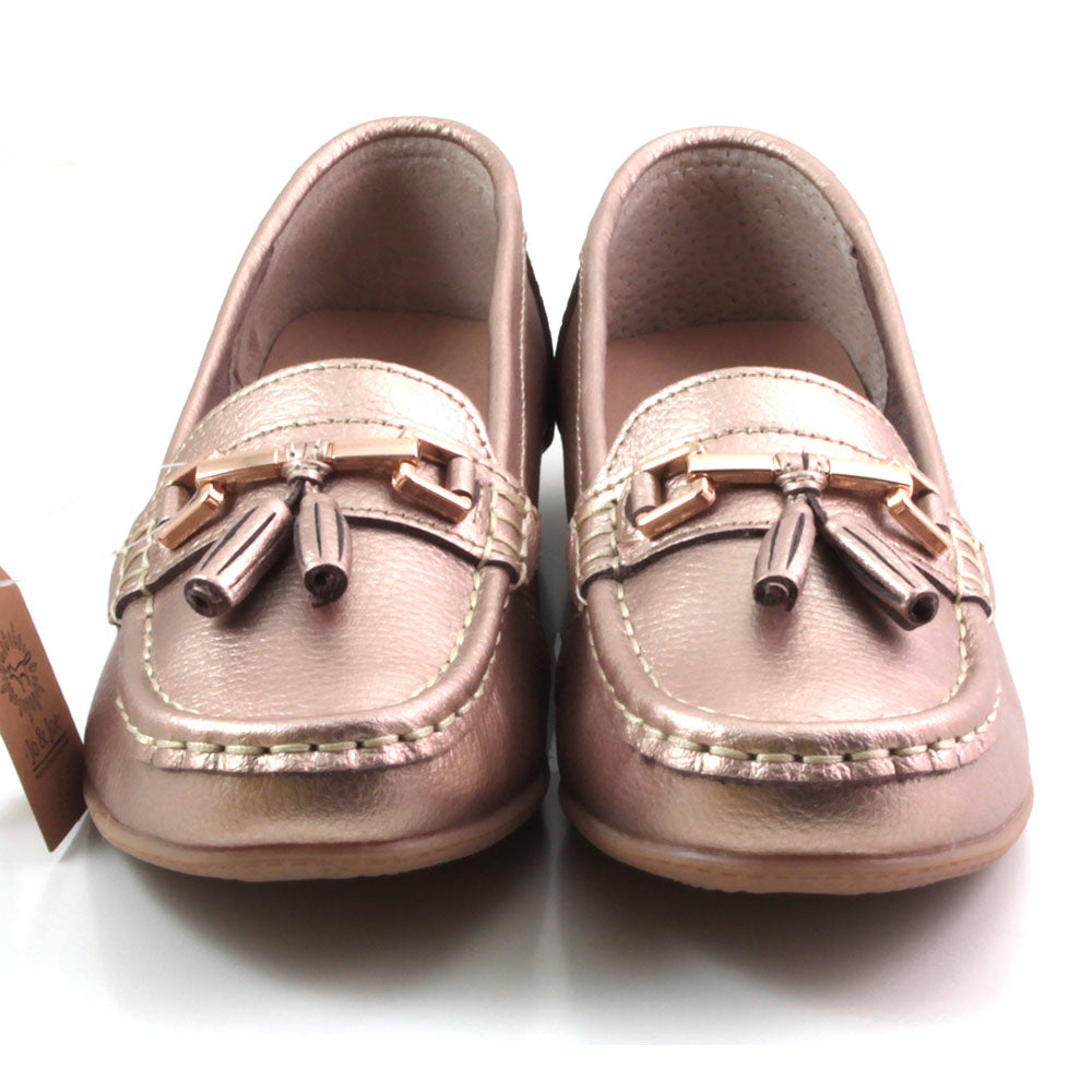 Jo and Joe Nautical bronze moccasin style leather flat shoes. Bronze stitching and bronze leather tassels. Front view