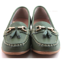 Jo and Joe Nautical mistletoe green moccasin style leather flat shoes. White stitching and green leather tassels. Front view