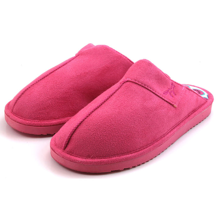 Jo and Joe pink suede look mule slippers. Watermelon pattern lining fabric. Angled view.