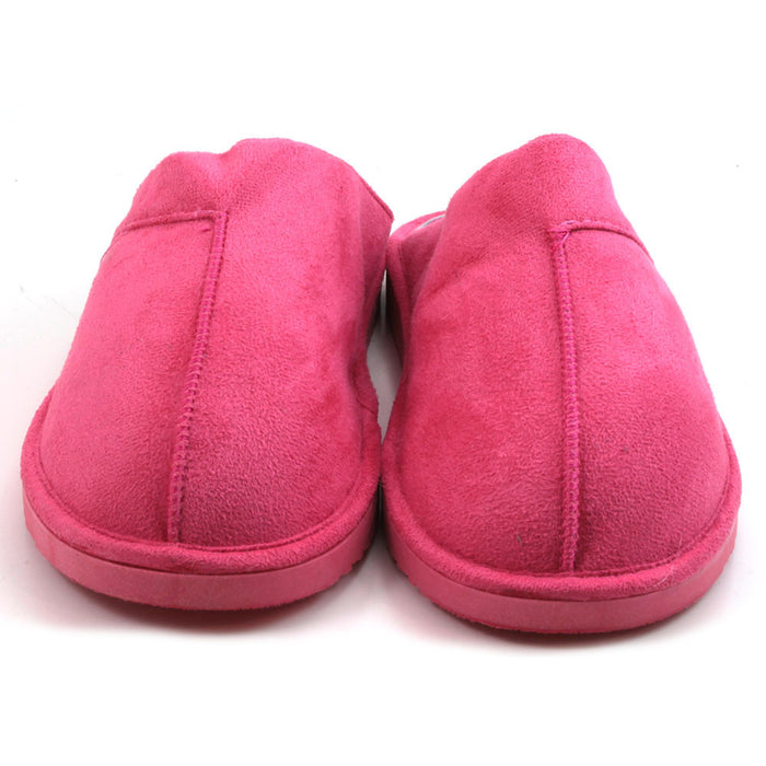 Jo and Joe pink suede look mule slippers. Watermelon pattern lining fabric. Front view.