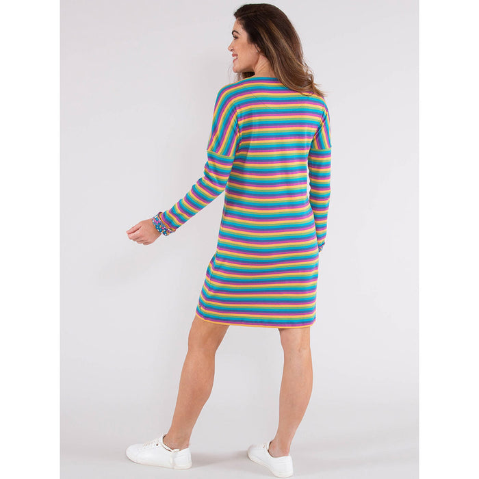 Kite rainbow striped, long sleeved, round neck, above the knee dress. Floral cuffs. Back view.