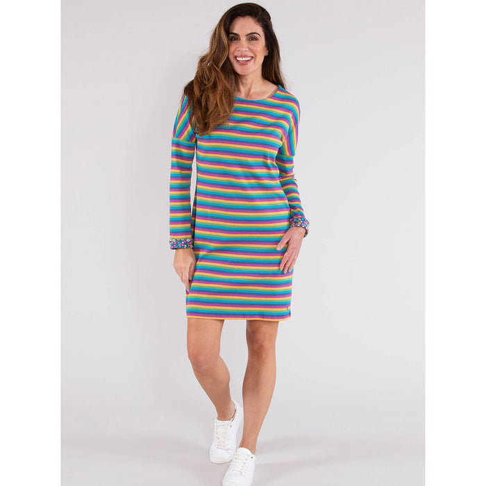 Kite rainbow striped, long sleeved, round neck, above the knee dress. Floral cuffs. Front view.