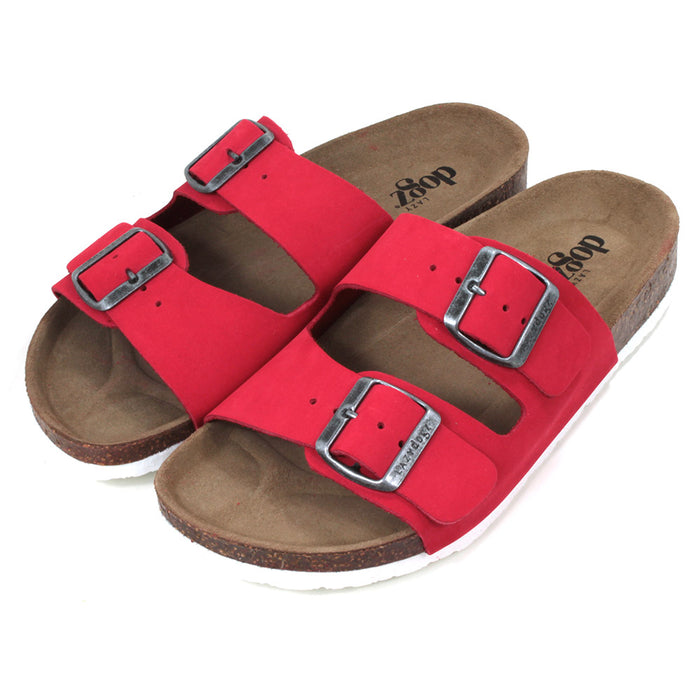 Lazy Dogz Roco double strap sandals in red. Burnished silver buckles. Sculpted cork insoles and white soles. Angled view.