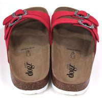 Lazy Dogz Roco double strap sandals in red. Burnished silver buckles. Sculpted cork insoles and white soles. Back view.