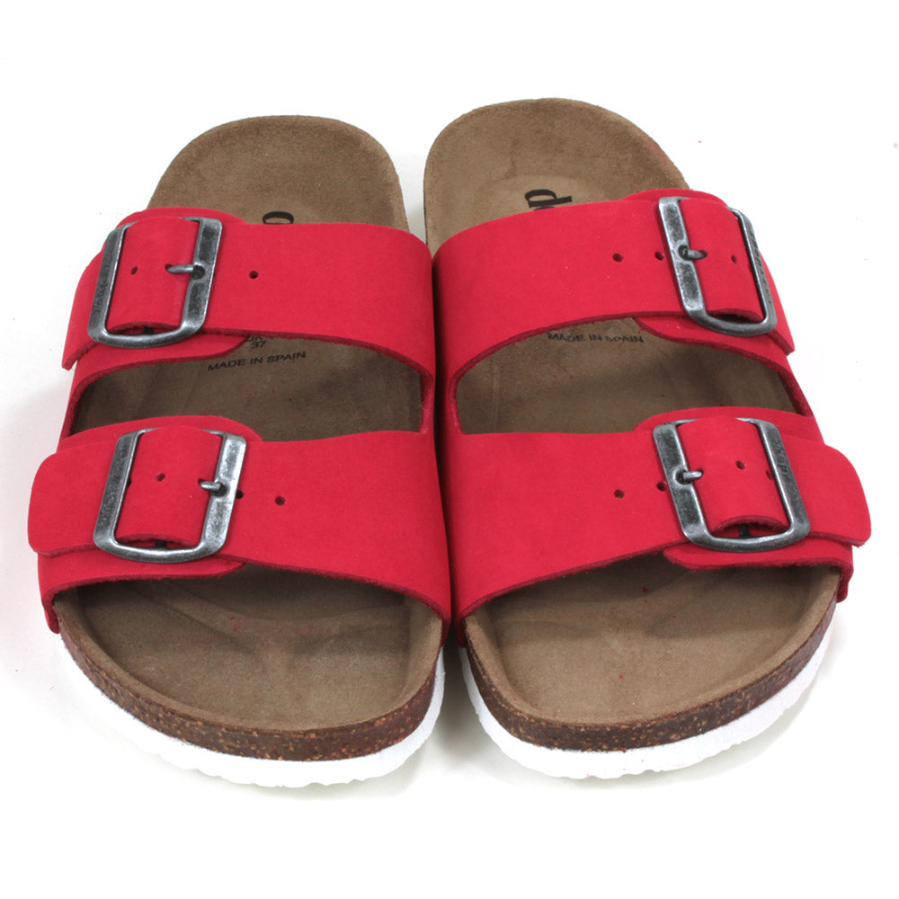 Lazy Dogz Roco double strap sandals in red. Burnished silver buckles. Sculpted cork insoles and white soles. Front view.