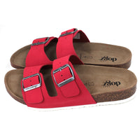 Lazy Dogz Roco double strap sandals in red. Burnished silver buckles. Sculpted cork insoles and white soles. Side view.