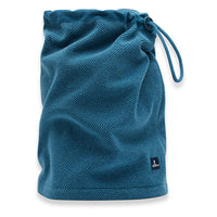 Rich blue Necker. Cord pull on the side. Branded logo on the bottom. Honey comb material. 