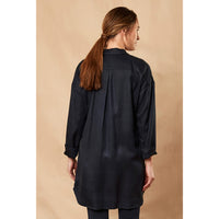 Nomads navy twill tunic. Collar and three button making a V neck shape. Back view.