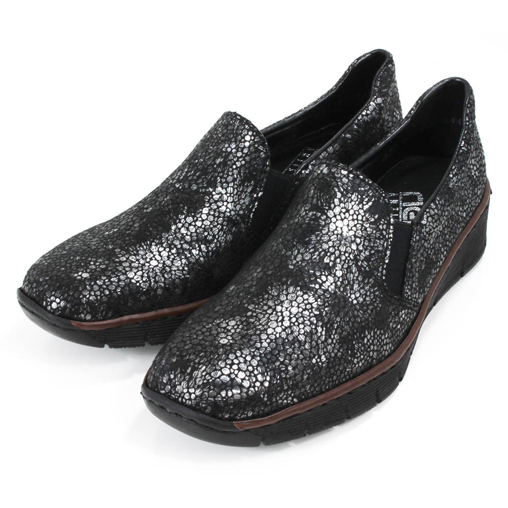 Metalic & Black Floral Slip On Shoes