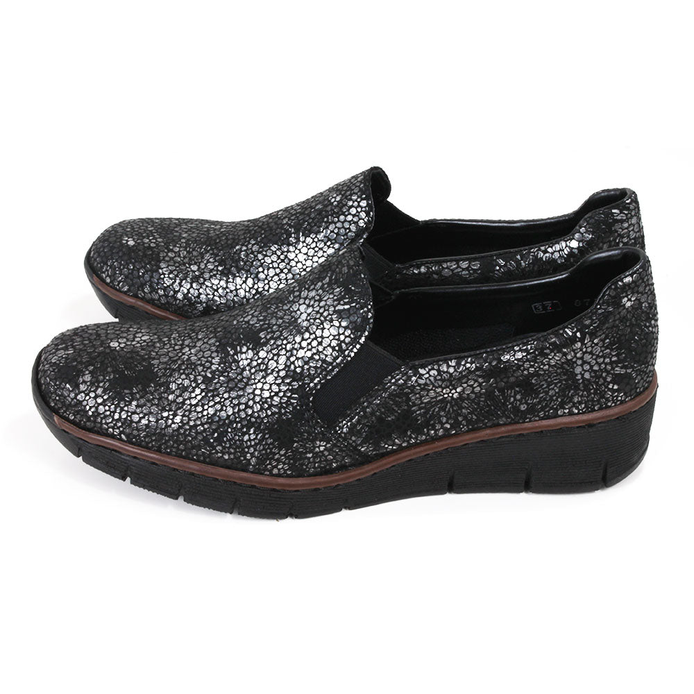 Metalic & Black Floral Slip On Shoes