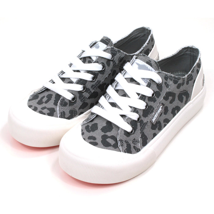 Rocket Dog Ames Jazzin low rise trainers in animal print grey fabric. White rubber plimsole soles. White wide laces. Angled view.