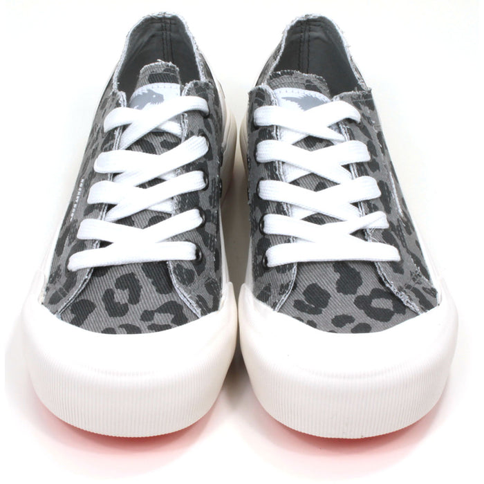 Rocket Dog Ames Jazzin low rise trainers in animal print grey fabric. White rubber plimsole soles. White wide laces. Front view.