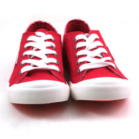 Rocket Dog Jazzin low rise trainers in red fabric. White rubber plimsole soles. White wide laces. Front view.