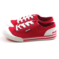 Rocket Dog Jazzin low rise trainers in red fabric. White rubber plimsole soles. White wide laces. Side view.