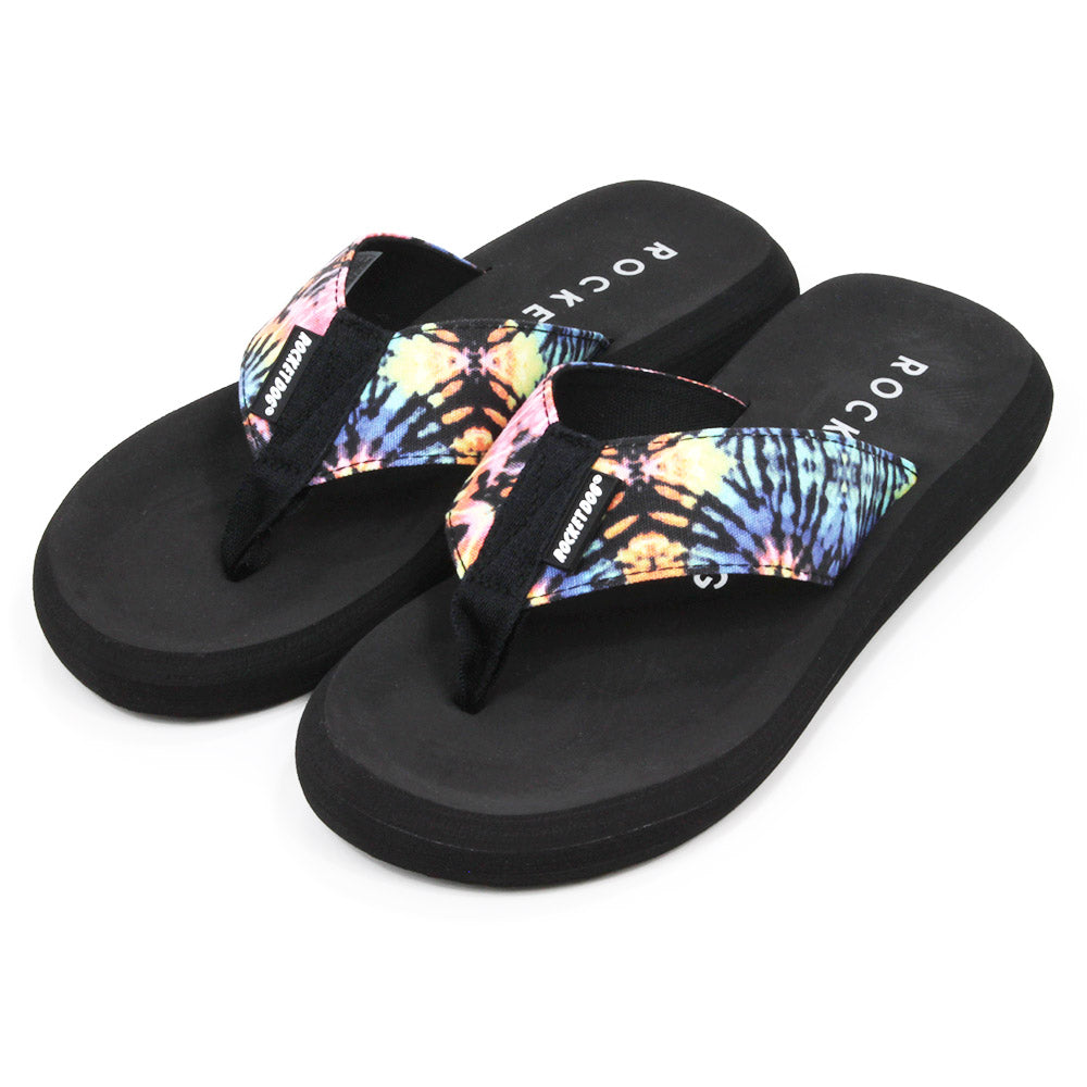 Rocket Dog Lyon black toe post flip flops. Colourful tie dye wide canvas straps. Angled view.