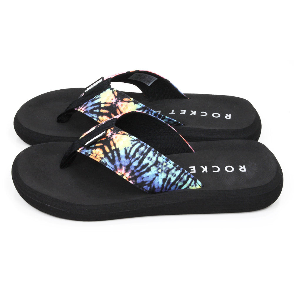 Rocket Dog Lyon black toe post flip flops. Colourful tie dye wide canvas straps. Side view.