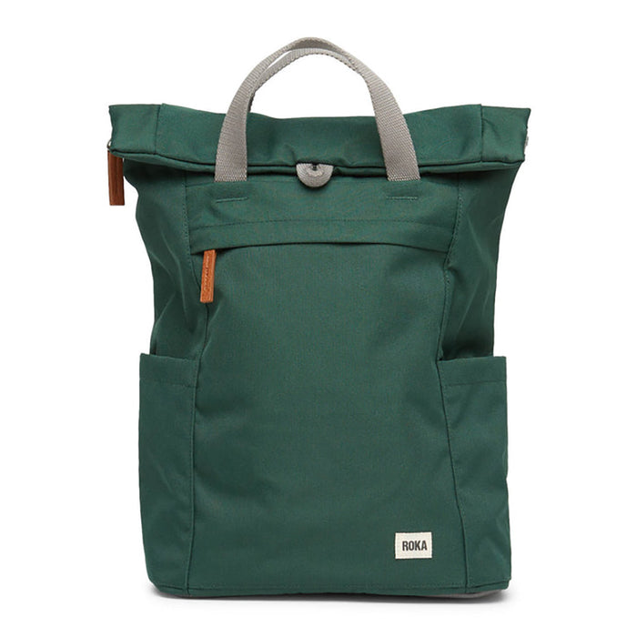 Roka green backpack. Foldover and zip fastening at the top. External zip fastening pocket. Grey handles and back pack straps. Two water bottle pockets.