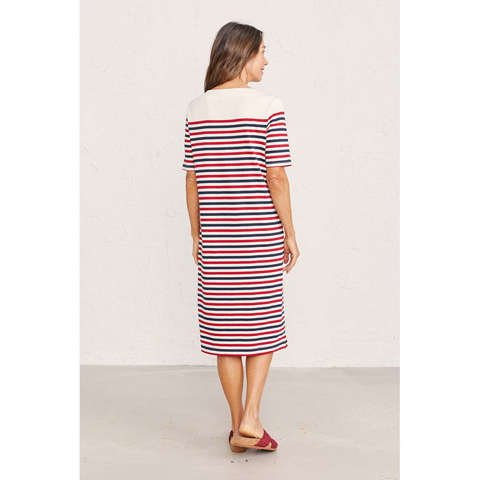 Seasalt Cornwall straight knee length dress with pockets. Blue, red and white horizontal stripes. White across shoulders and around neck. Back view.