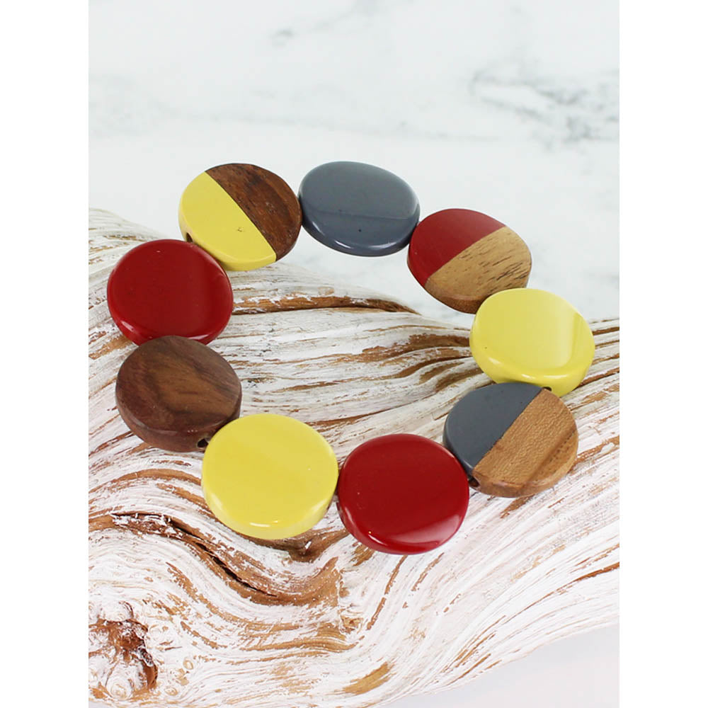 Suzie Blue Resin & Wood Red & Mustard Bracelet