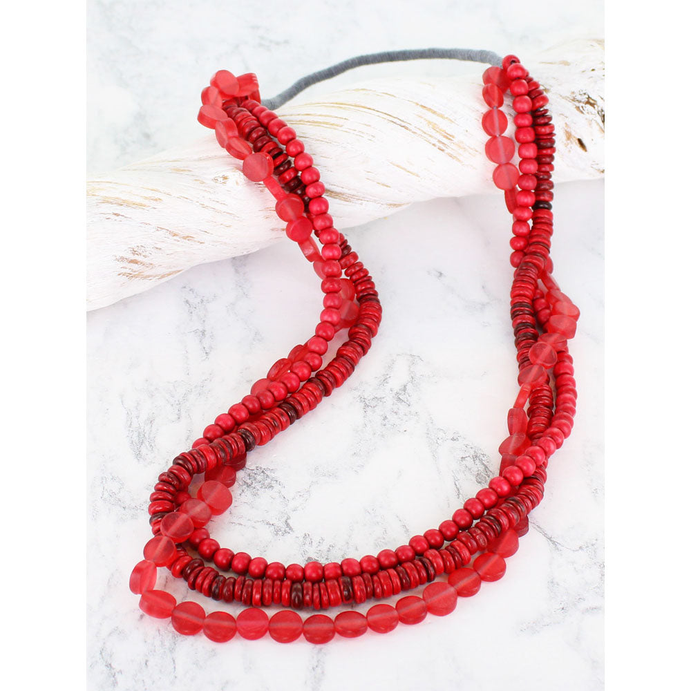 Suzie Blue Triple Strand Wooden Necklace in Red