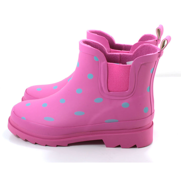 Urban Jack ankle wellingtons. Pink with grey spots. Fabric interior. Elasticated side gusset. Back pull on tabs. Side view.